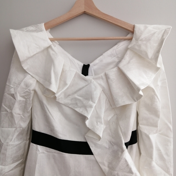 Self-Portrait Long Sleeve White Asymmetric Ruffle Jacquard Mini Dress 6 Formal - Picture 5 of 17